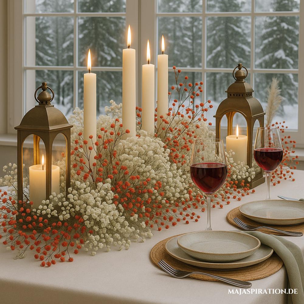 Verspielte und romantisch Winter-Tischdeko mit Schleierkraut und Laternen
