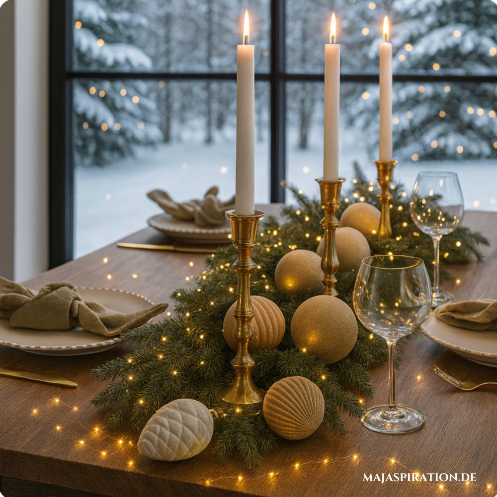 Stilvolle Tischdeko für Weihnachten mit goldenen Kugeln und hohen Kerzen