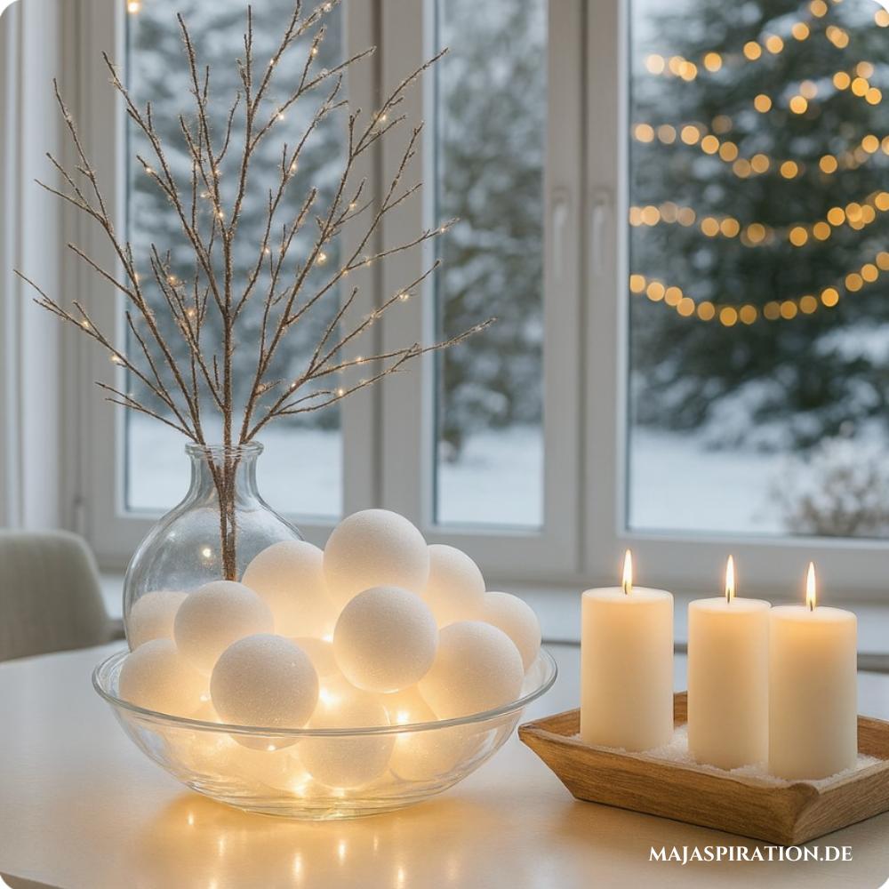 Minimalistische Tischdeko Idee für Weihnachten mit leuchtenden Schneebällen