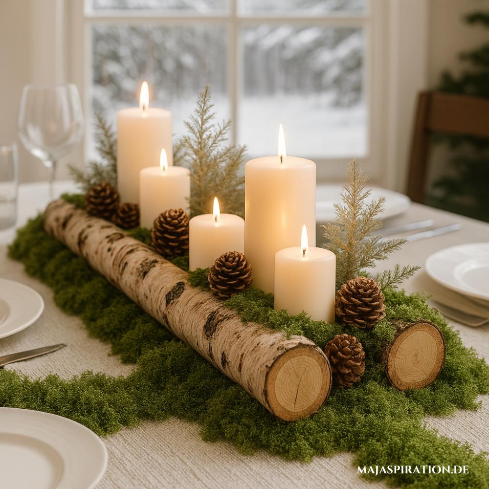 Weihnachtstischdeko mit Birkenästen und Moos