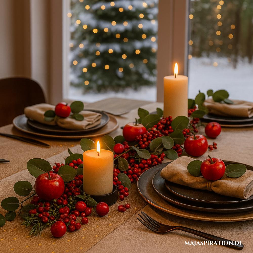 Tischdeko Idee für Weihnachten mit roten Beeren und Äpfeln