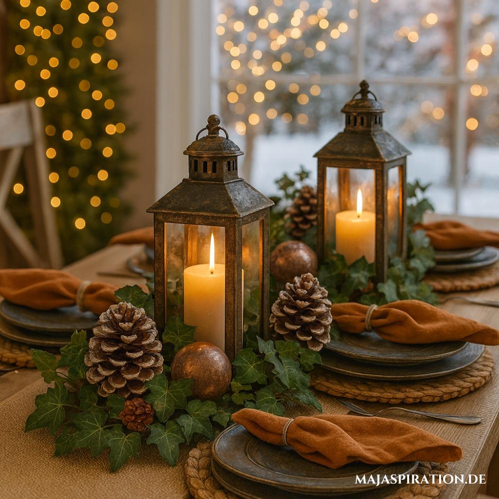 Rustikale Deko Idee für den Weihnachtstisch mit Laternen