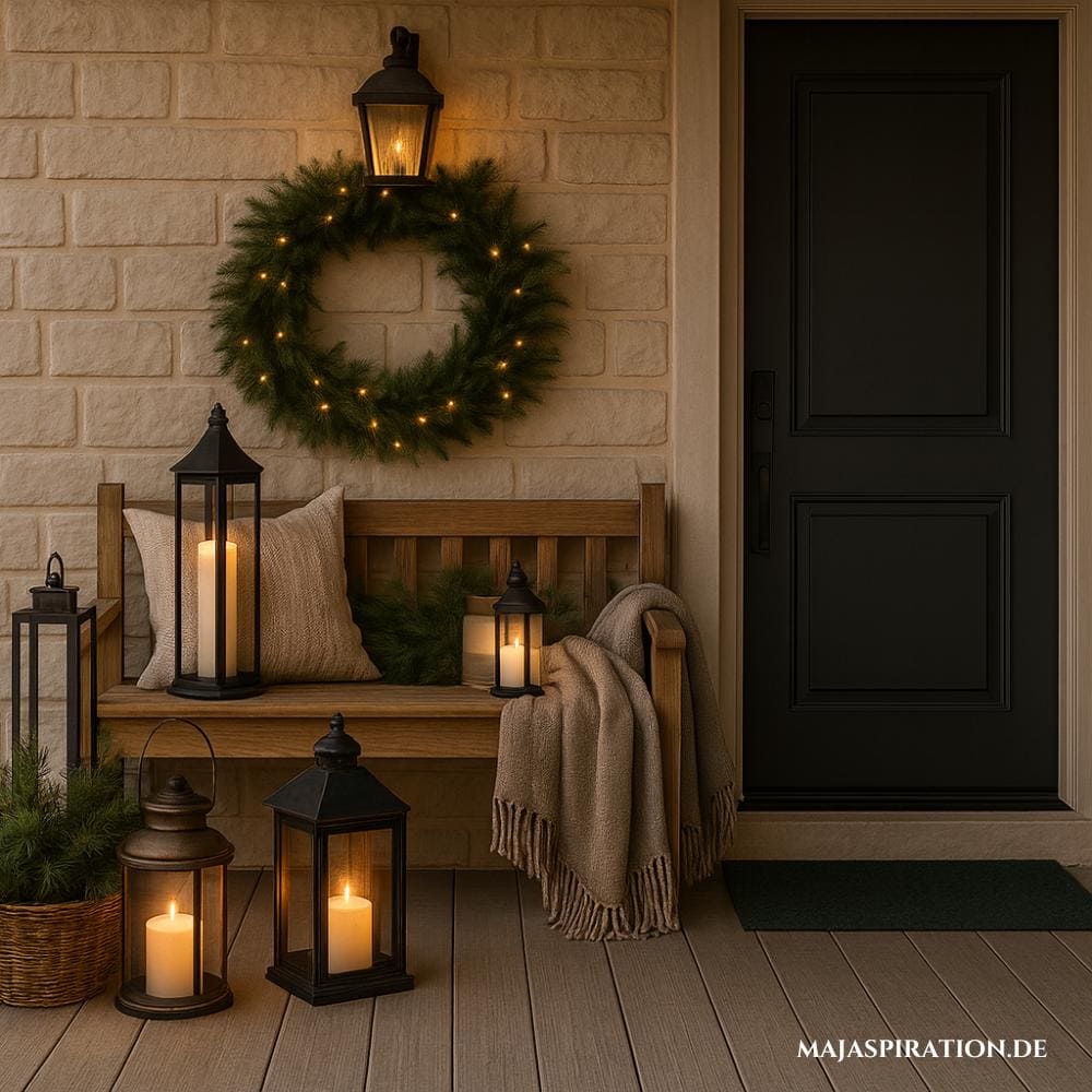 Weihnachtliche Deko Idee für den Hauseingang mit Holzbank und schwarzen Windlichtern