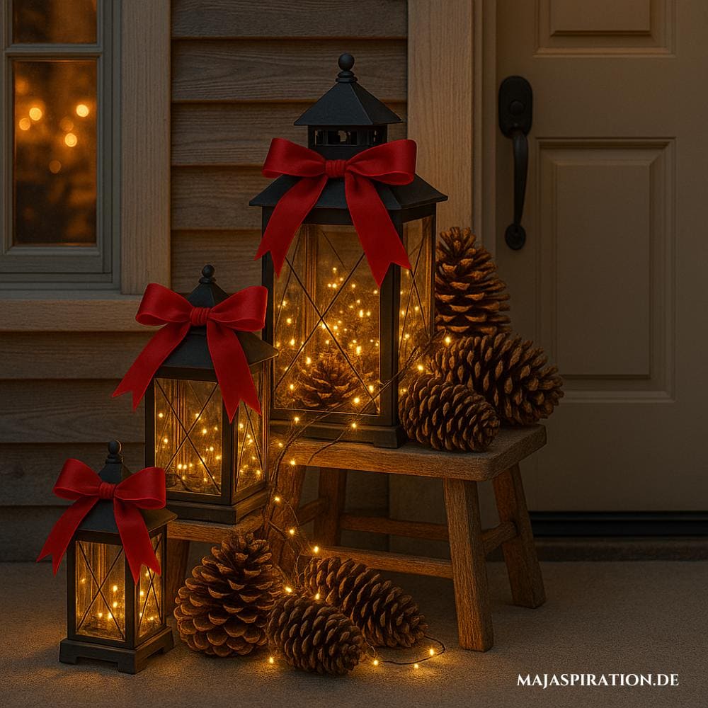 Süße Weihnachtsdeko für den Hauseingang mit Lichterketten in Windlichtern mit roter Schleife
