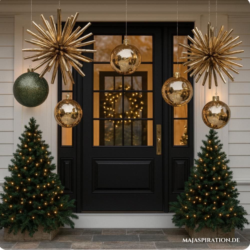 Elegante Weihnachtsdeko für die Haustüre mit großen hängenden Ornamenten und Dekokugeln