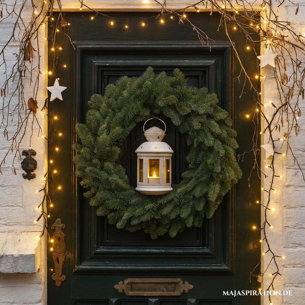Goldige Haustür Deko Idee für die Weihnachtszeit mit Lichterkette