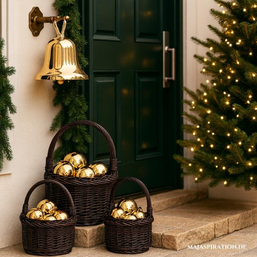 Nostalgische Weihnachtsdeko für die Haustüre mit Körben voller goldener Deko Kugeln
