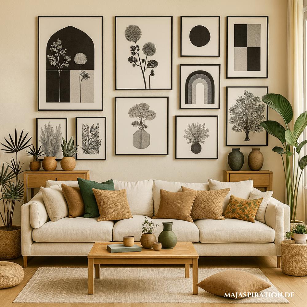 Wohnzimmer Wandgestaltung im buntem Retro-Look mit gelber Couch, grüner Wand und pinker Bilder Collage