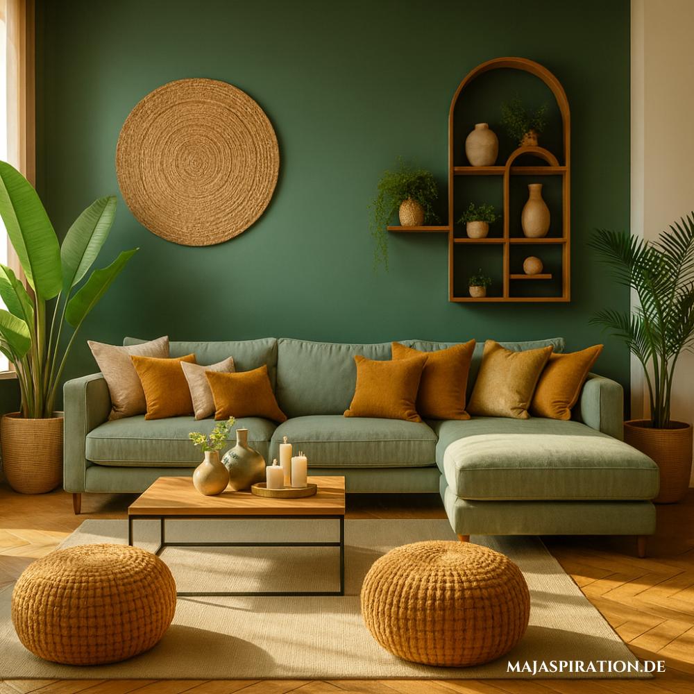 Wohnzimmer Wandgestaltung mit grüner Akzentwand und Holzregalen mit Pflanzen