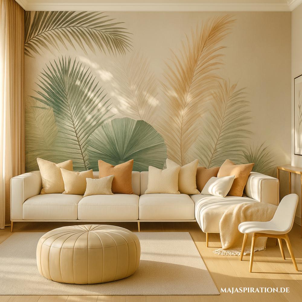Wohnzimmer Wandgestaltung mit Pflanzen-Tapetenwand und minimalistischer Deko