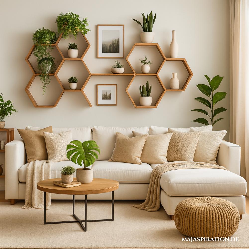 Wohnzimmer Wandgestaltung mit Holz-Wandregalen in Honigwabenform