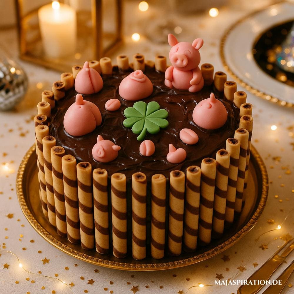 Silvester Kuchen mit kleinen schwimmenden Schweinchen als Neujahrs Mitbringsel