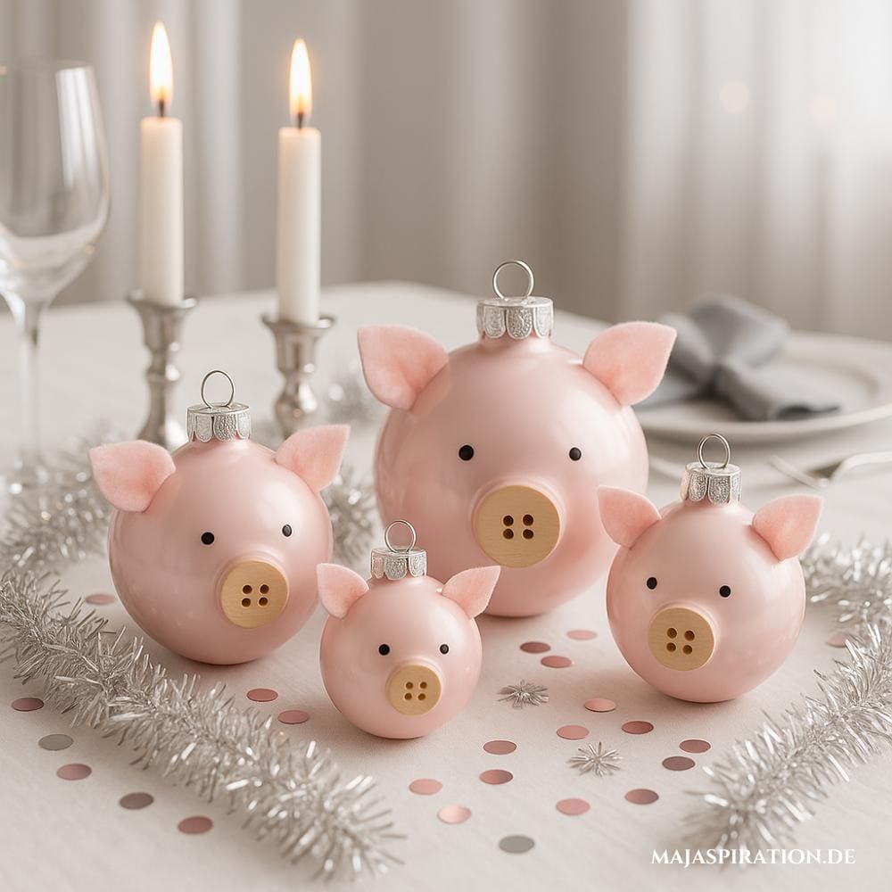 DIY Neujahrs-Glücksschweine aus rosa Weihnachtskugeln