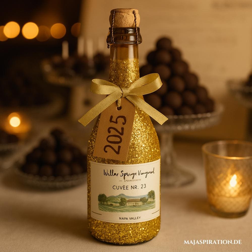 Gold-glitzernde DIY Weinflasche als Neujahrs Mitbringsel Idee