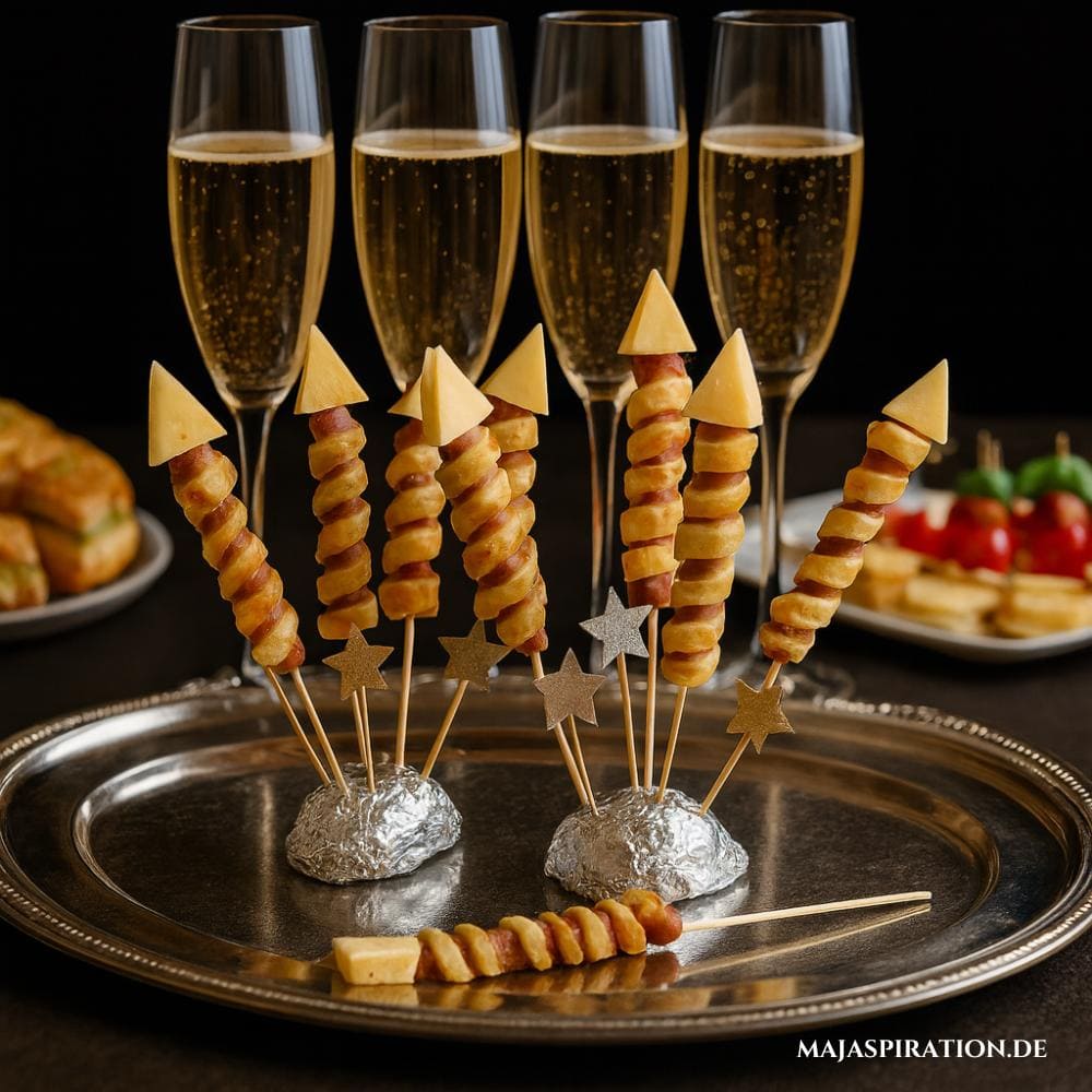 Raketen Spieße mit Käse Spitze als Idee für Silvester Buffet