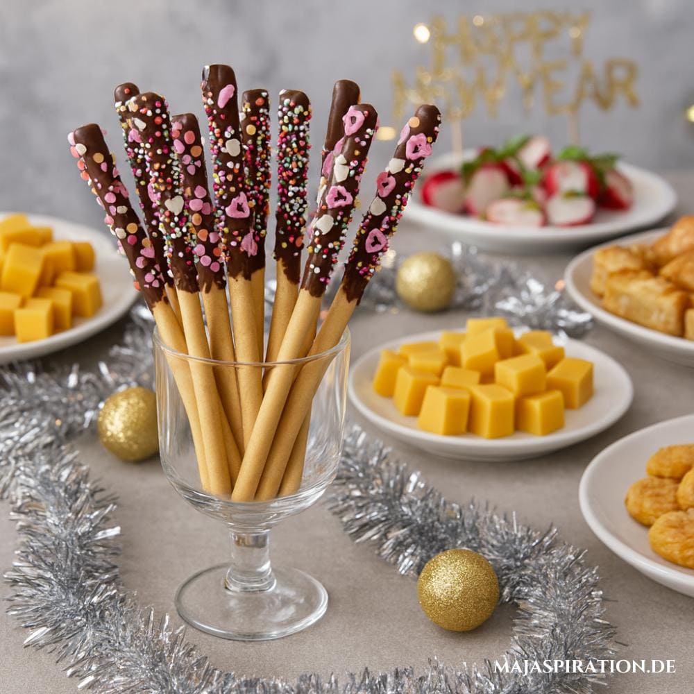 Zauberstab-Sticks mit Schokolade und rosa Streuseln für Silvester Party Buffet