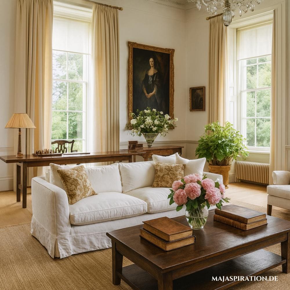 Old Money Interior Wohnzimmer mit Konsole hinter Couch