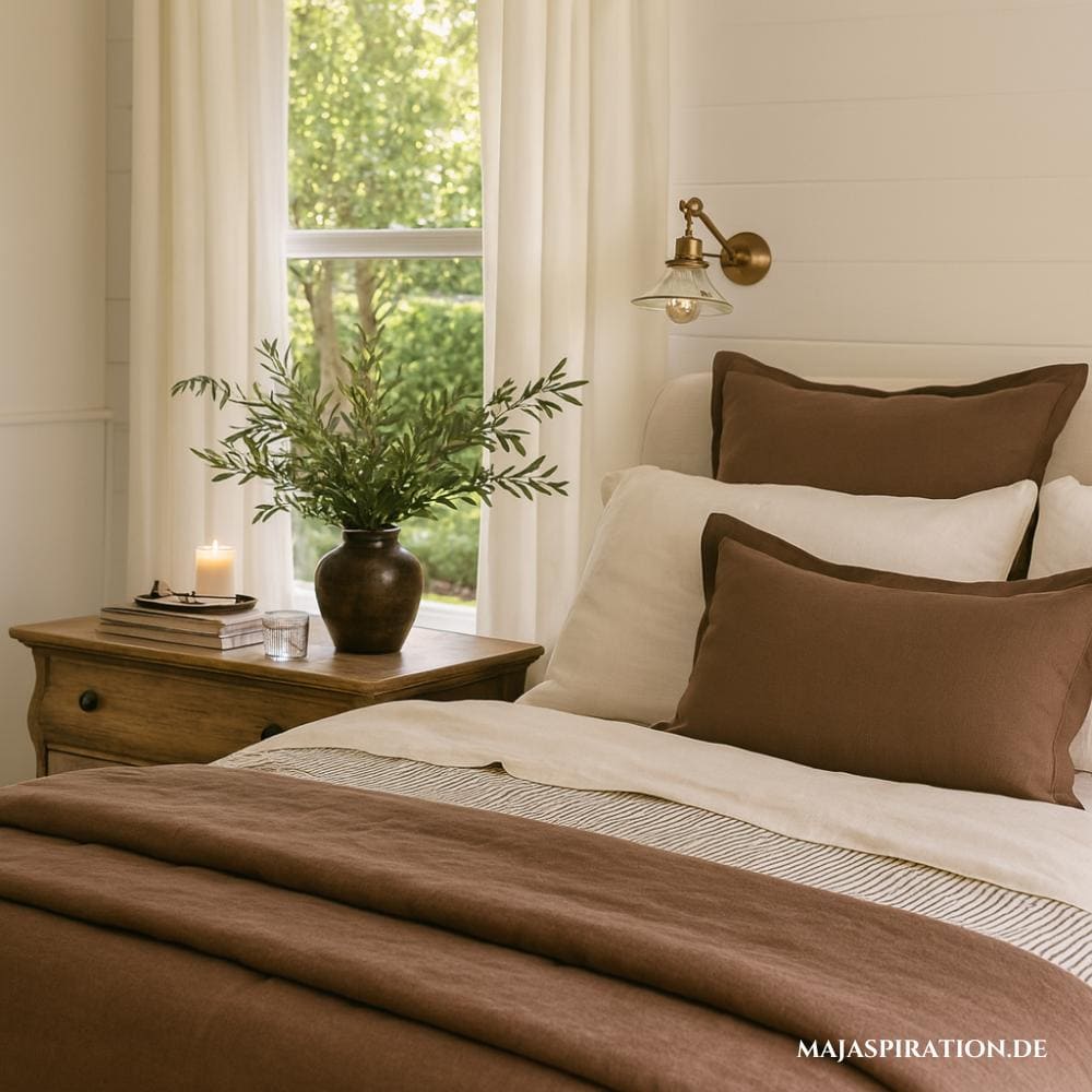 Schönes Schlafzimmer im eleganten Landhausstil und brauner Bettwäsche