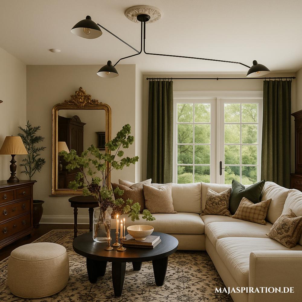 Old Money Interior Idee mit großem Teppich und auffälliger Deckenlampe 