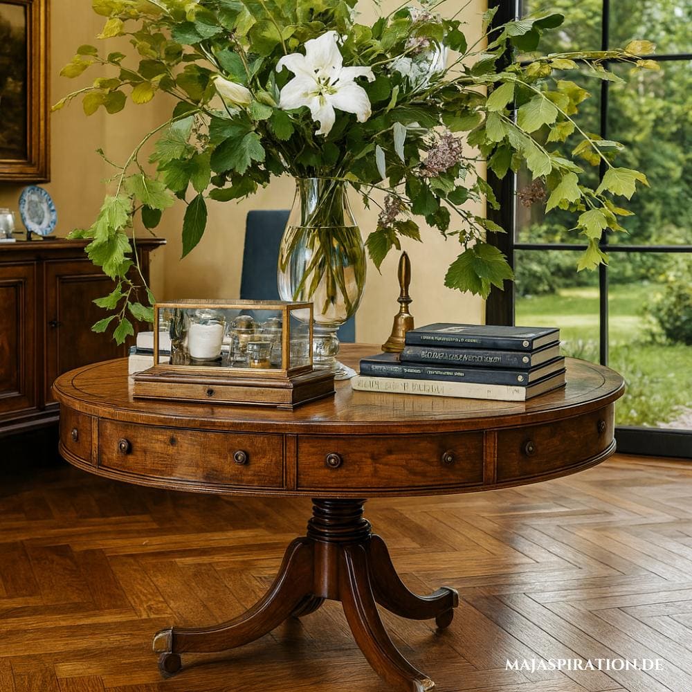 Eleganter runder Holztisch mit Vase voller großer Zweige und Äste