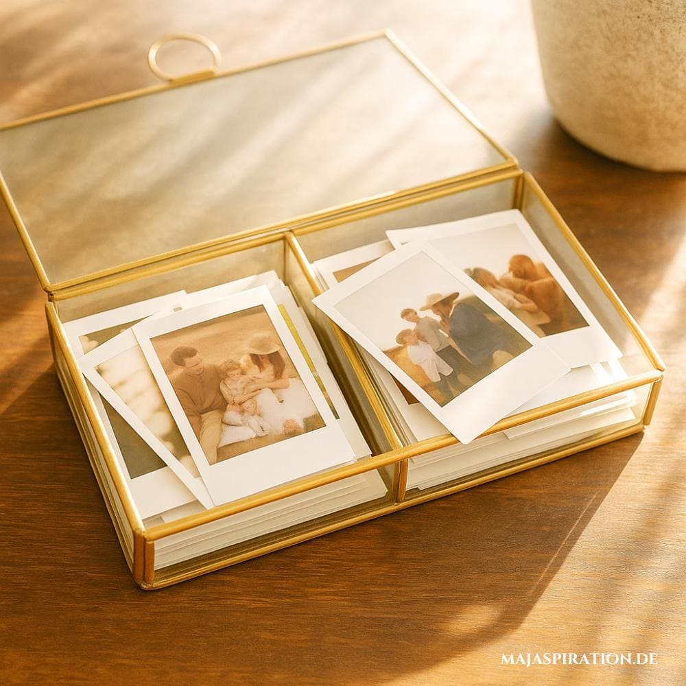 Glasschatulle gefüllt mit Polaroid Bildern
