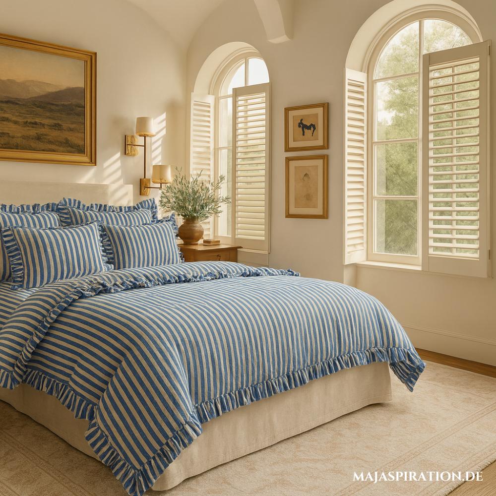 Old Money Look Schlafzimmer mit blau-gestreifter Bettwäsche