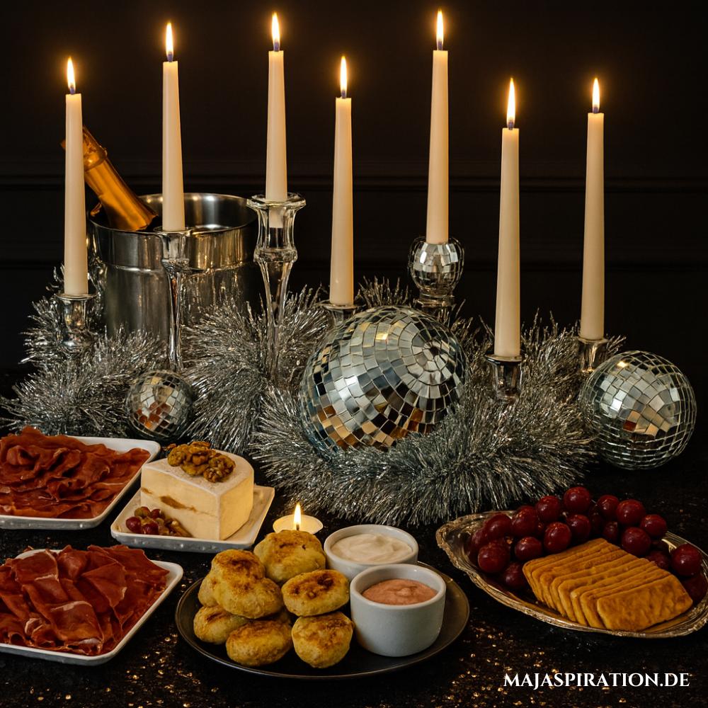 Silvester Buffet Idee mit silbernem Lametta und Discokugeln