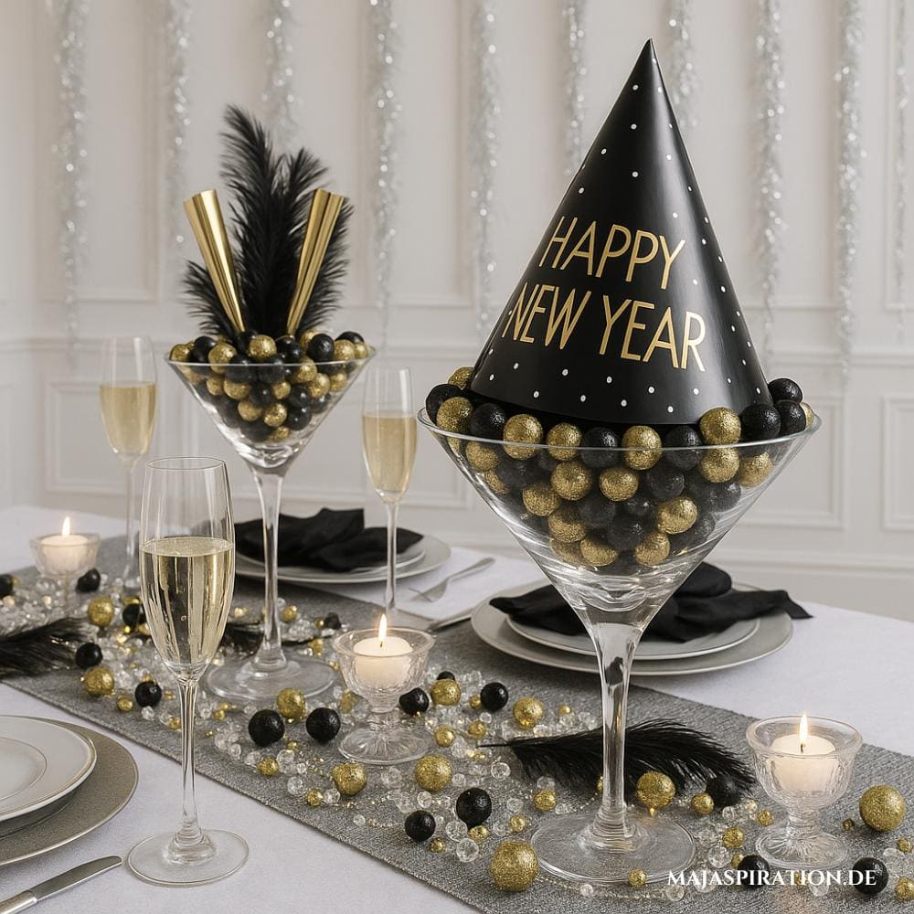 Silvester Tischdeko Idee mit Bonbon-Gläsern und Partyhut