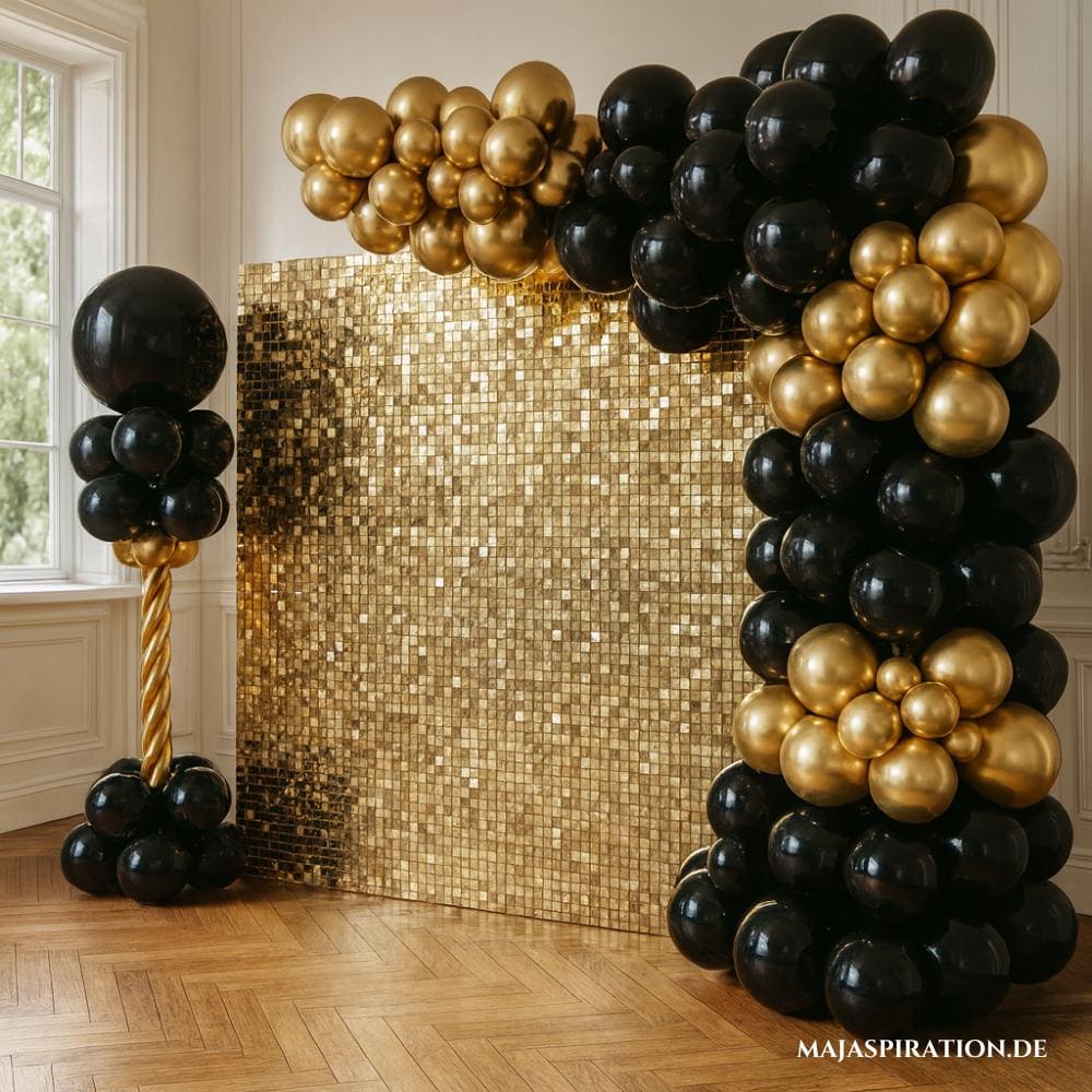 Silvester Fotowand aus Gold und Schwarz mit Luftballons
