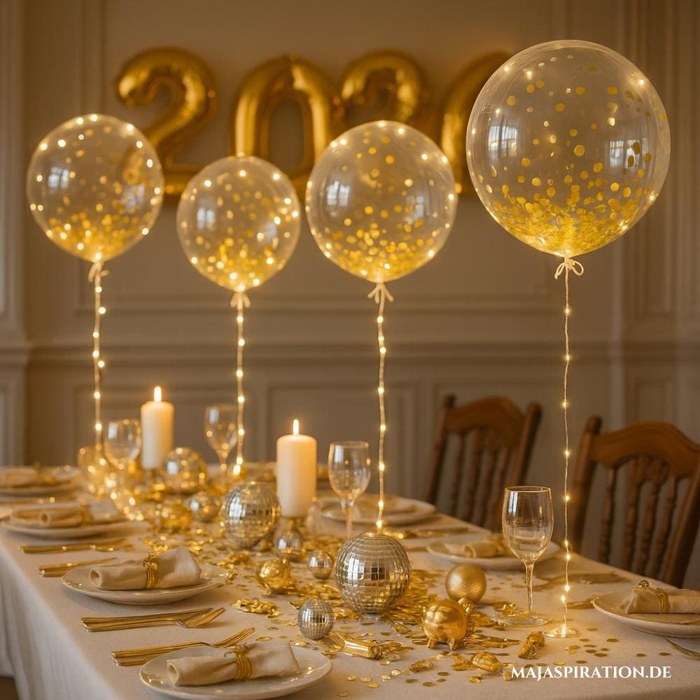 Silvester Party Tischdeko Idee mit Konfetti Luftballons