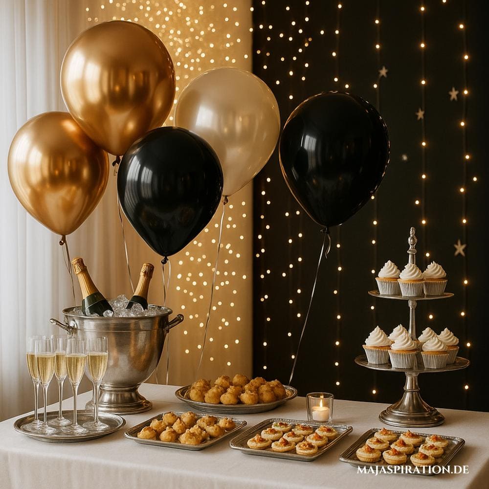 Silvester Buffet Idee mit Luftballons und Lichtern