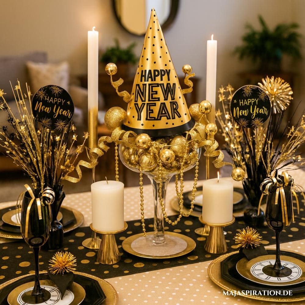 Silvester Tischdeko Idee in Gold und Schwarz