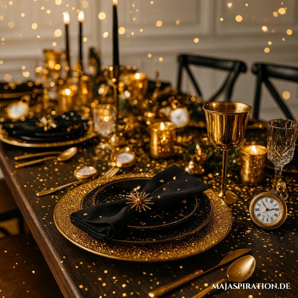 Gold-Schwarze Tischdeko für Silvester mit Taschenuhren