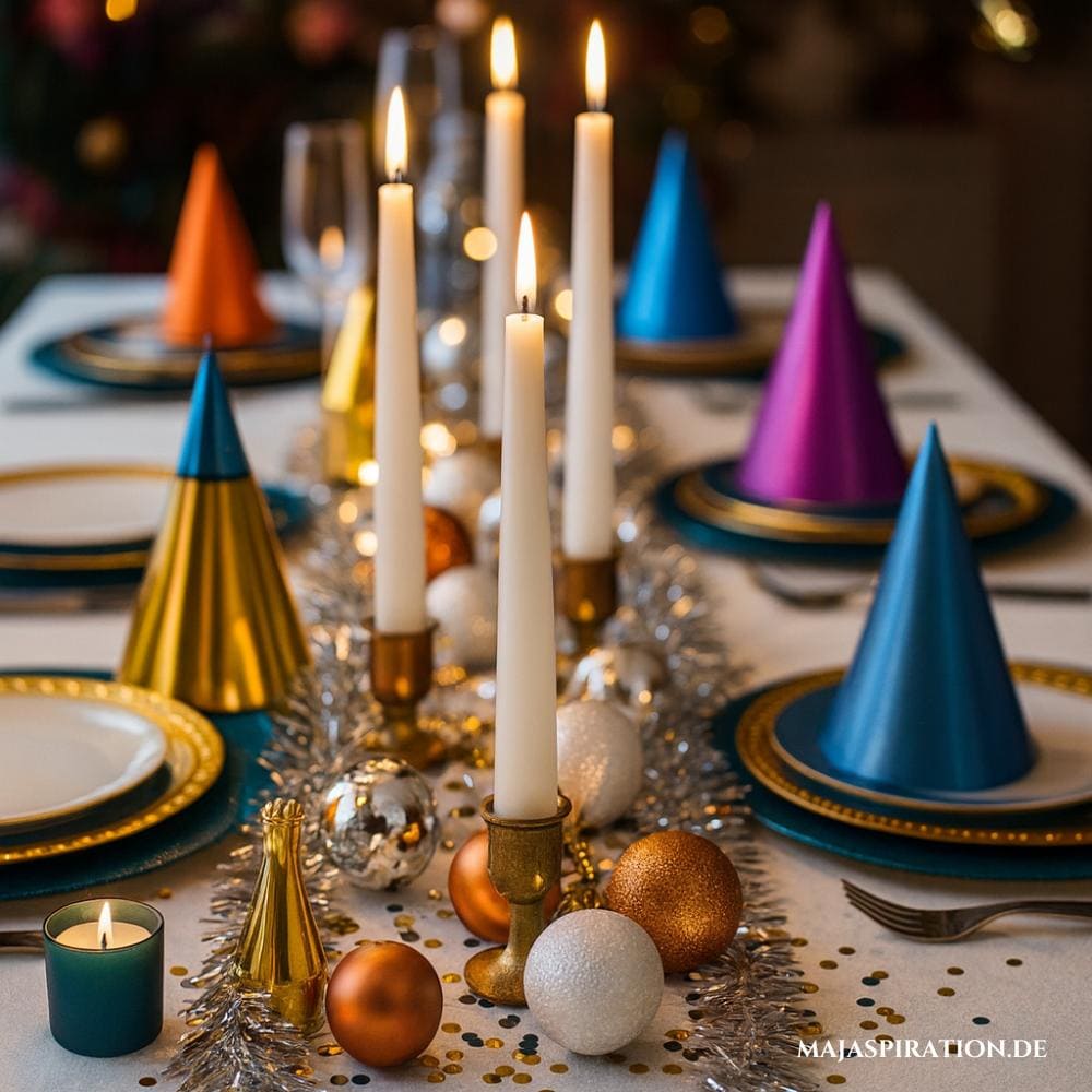 Silvester Tischdeko Idee in Metallic Bunt