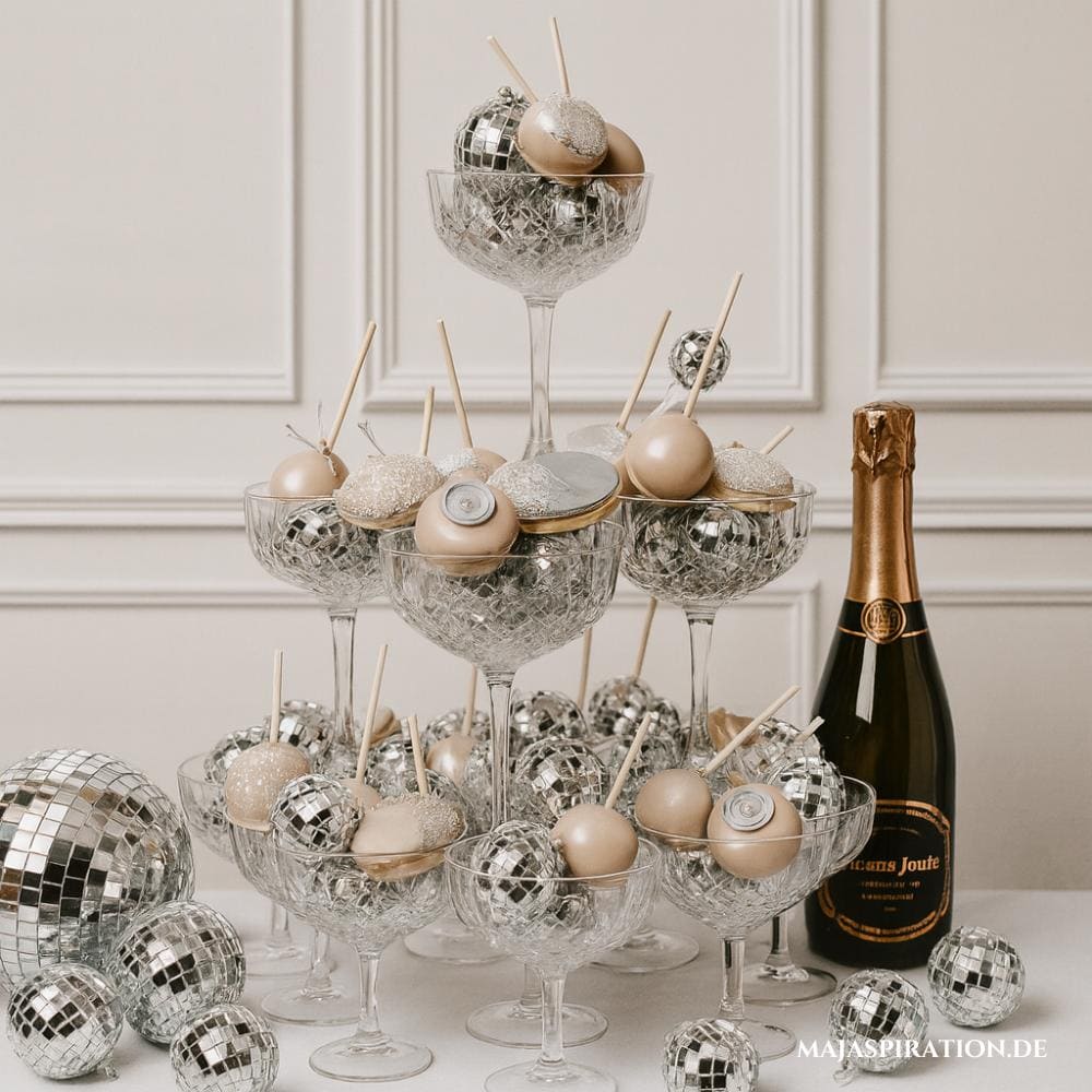 Champagnergläser Turm als Buffetidee für Silvester