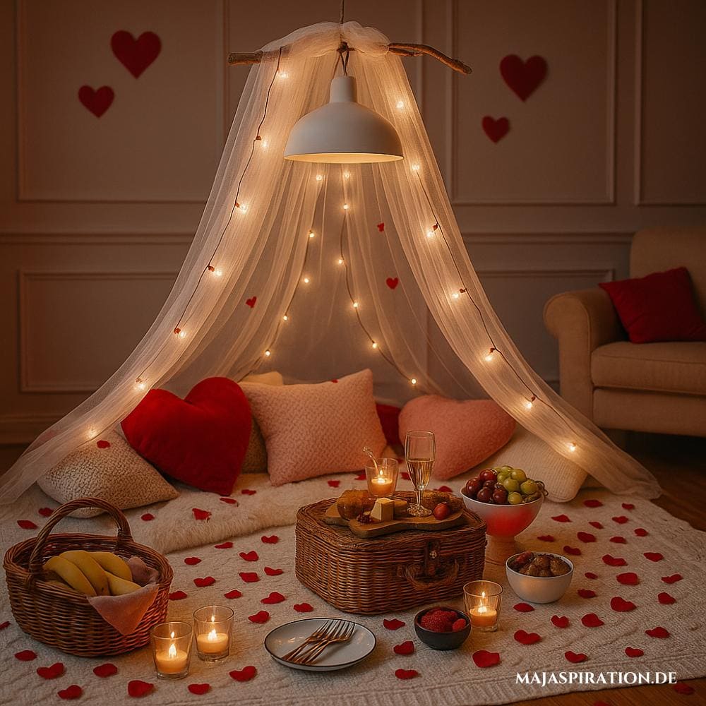 Valentinstag Picknick im Wohnzimmer mit Rosenblättern