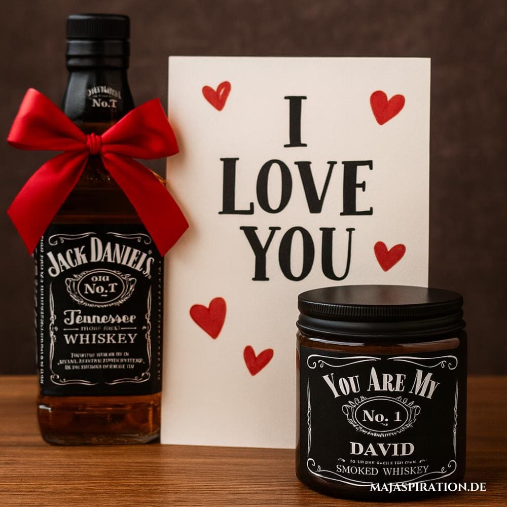 Jack Daniels Flasche und Kerze als Valentinstagsgeschenk für ihn