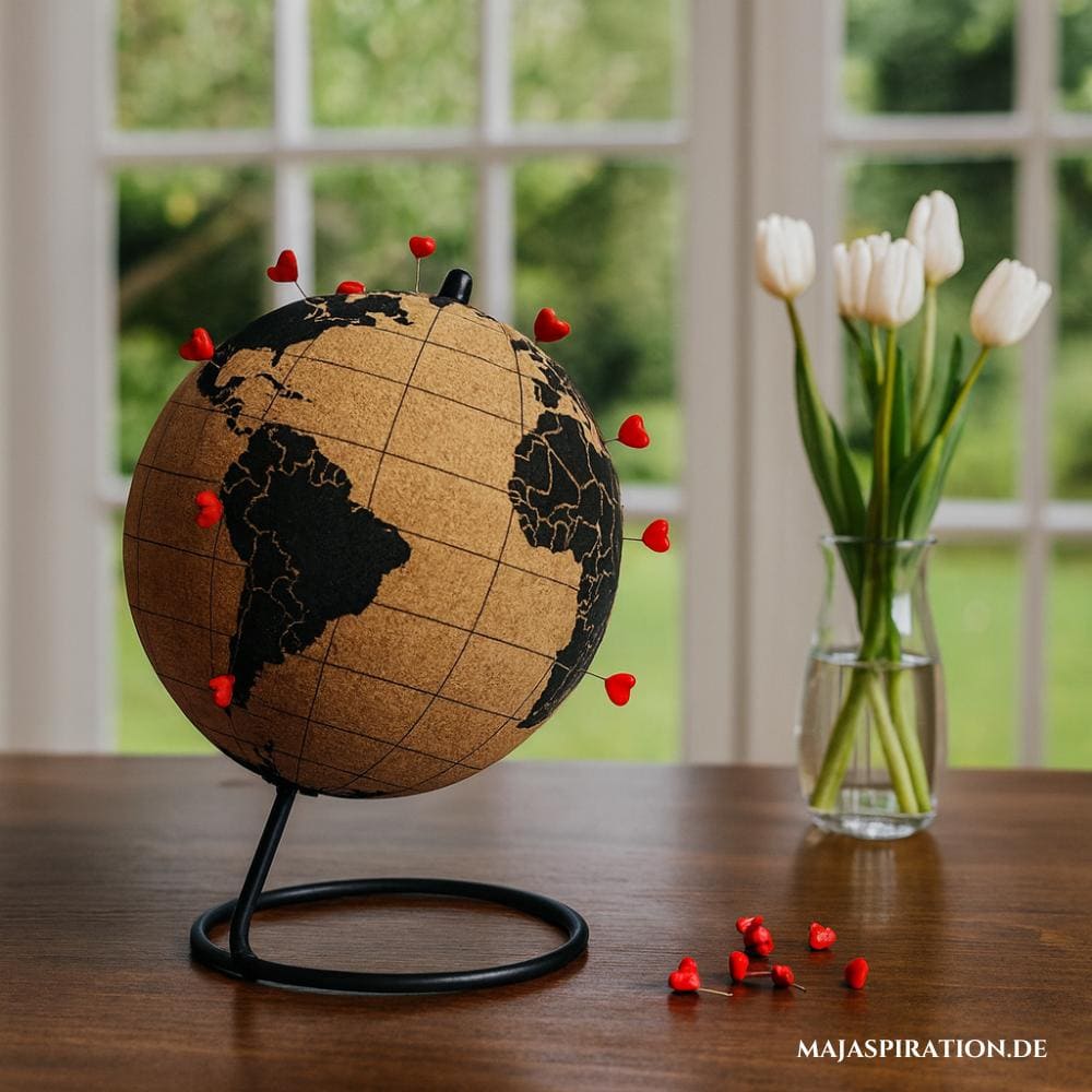 Kleiner Kork-Globus mit Pinnnadeln als Herz