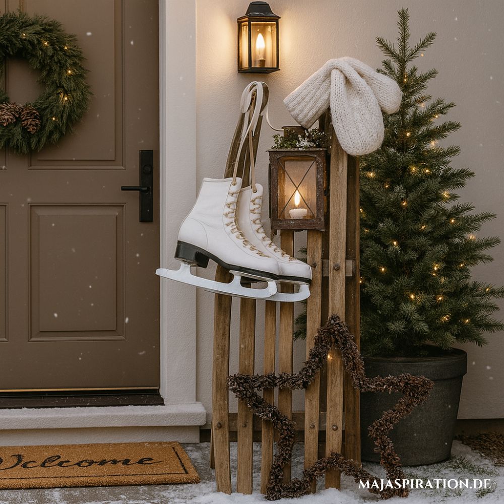 Gemütliche Weihnachtsdeko für den Hauseingang mit Schlitten und Schlittschuhen