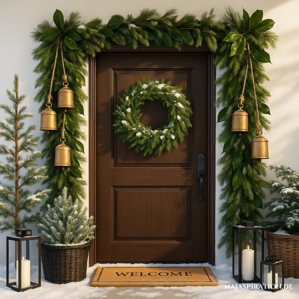 Winterliche Deko Idee für den Hauseingang zur Weihnachtszeit mit Tannengirlande und großen Glocken