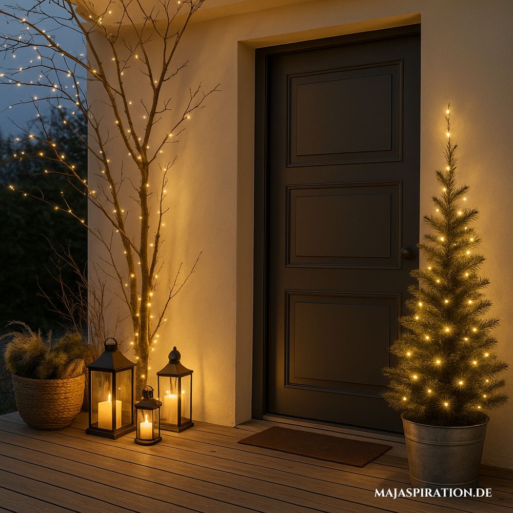 Gemütliche Deko Idee für die Haustür zur Weihnachtszeit mit Lichterketten und Windlaternen