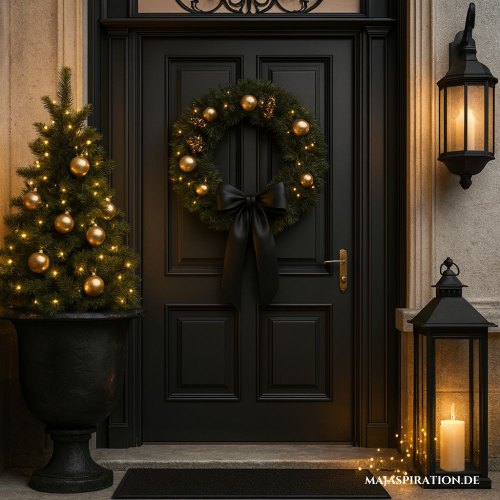 Deko Idee in Schwarz für weihnachtlichen Hauseingang