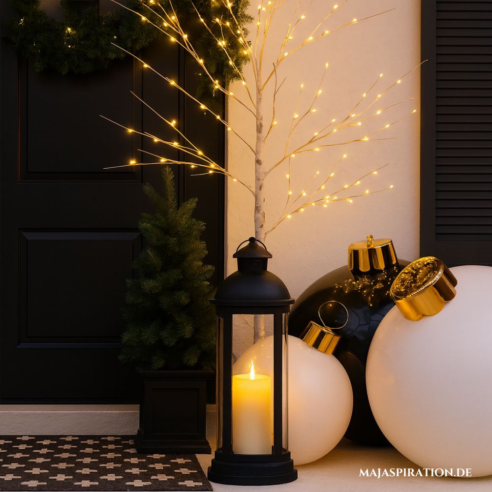 Elegante Weihnachtsdeko für en Hauseingang mit XXL Kugeln