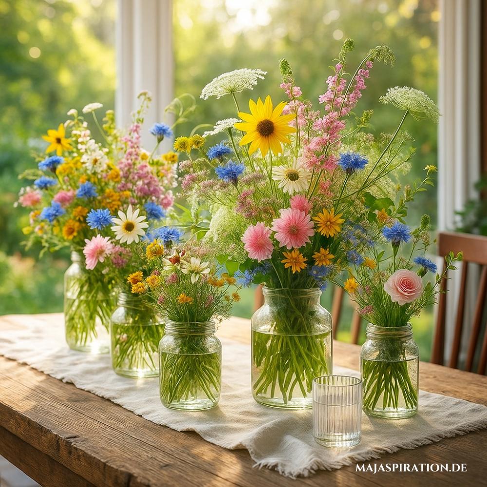 Frühlingsdeko Idee mit Wildblumen in Glasvase
