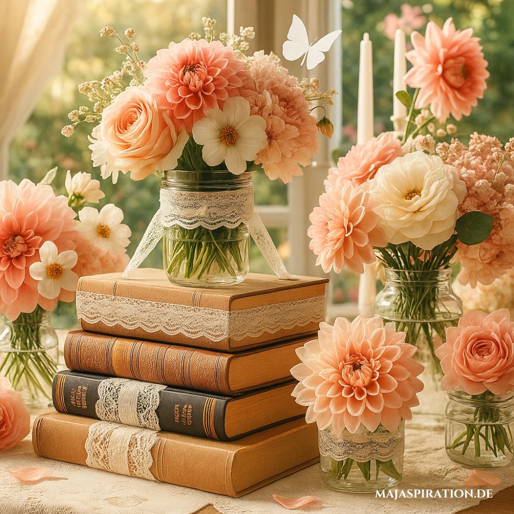Romantische Blumendeko mit Büchern