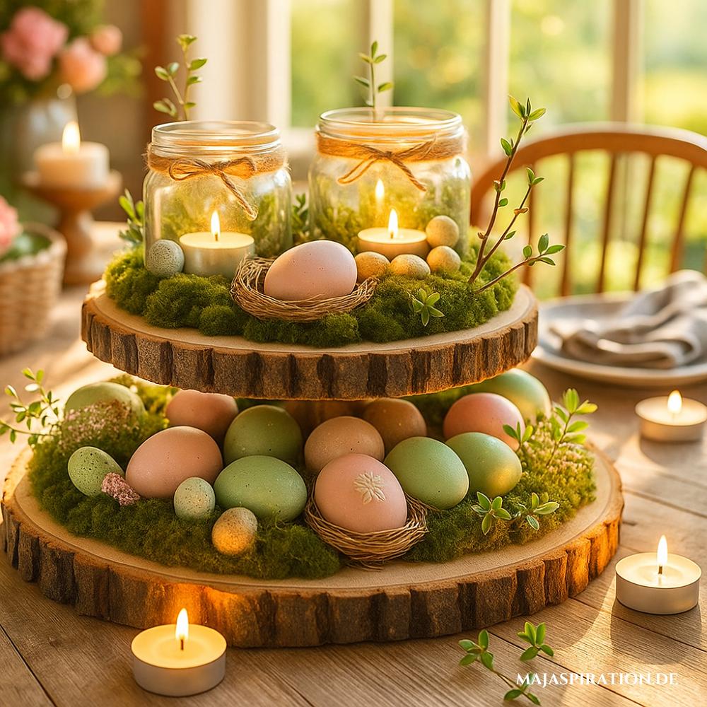 Frühlingshafte Deko mit Eiern auf Etagere