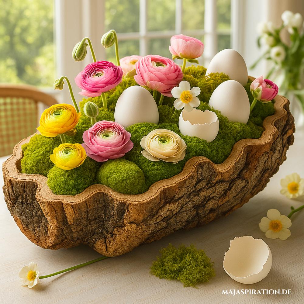 DIY Frühlingsdeko Idee mit Baumrinde und Eierschalen