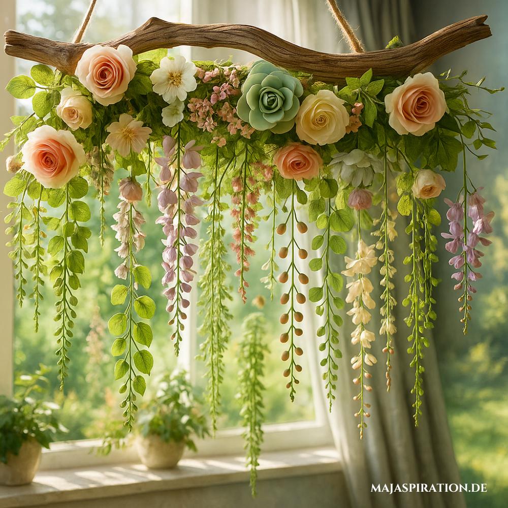 Blumenhafte Frühlingsdeko mit hängendem Ast und Blumen