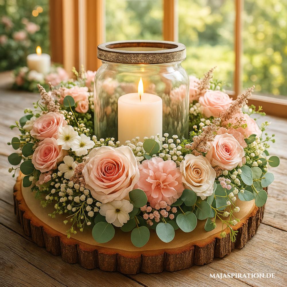 Frühlingsdeko Blumenkranz mit Kerze in der Mitte