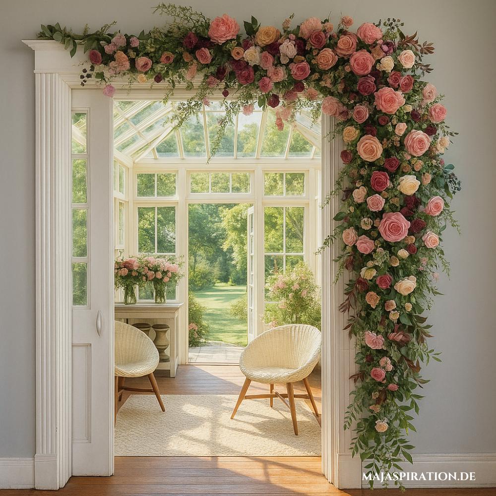 Blumengirlande über Türrahmen als natürliche Frühlingsdeko